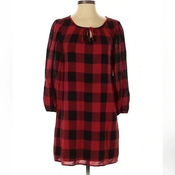 MADEWELL Red & Black Buffalo Plaid Wool Blend Tie Neck Shift Dress Size XXS - Picture 3 of 6